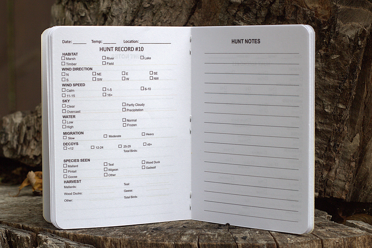 An open duck hunting logbook featuring check box options that include weather, migrations and decoy set-up.